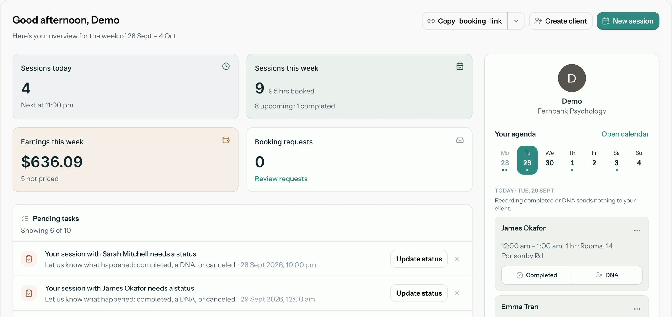 The Today page: sessions today and this week, earnings, booking requests, pending tasks and your agenda