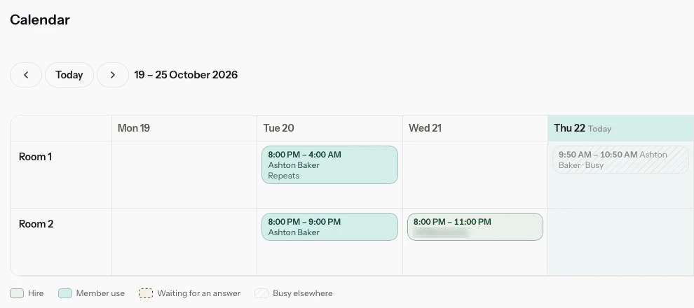 The Addison Office calendar: rooms down the side, days across, with member use, a repeating booking and time someone is busy elsewhere
