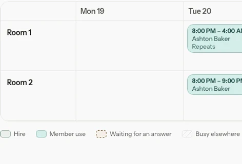 The Addison Office room calendar, with bookings in Room 1 and Room 2
